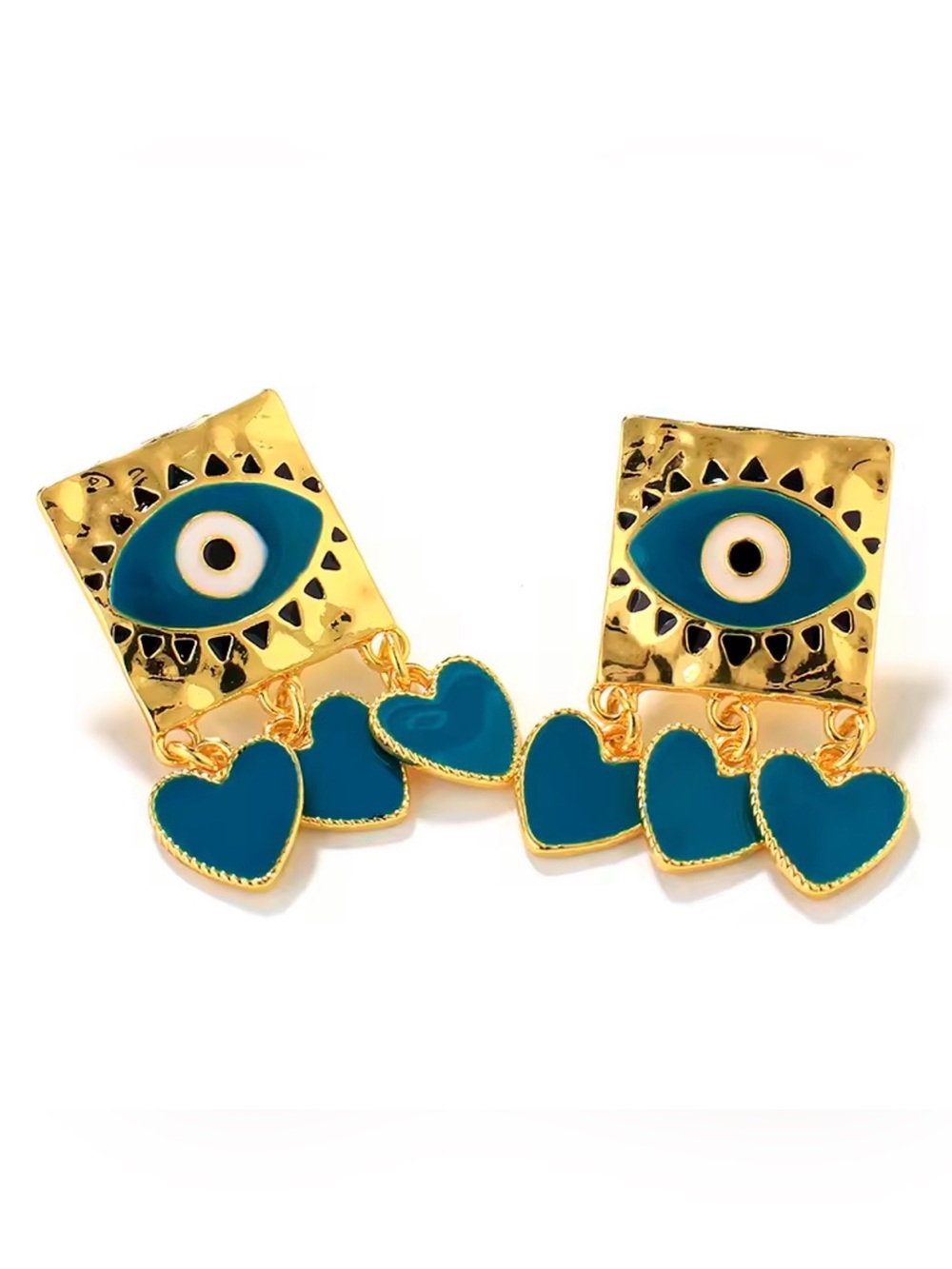 Gold-Tone Teal Evil Eye and Heart Drop Earrings